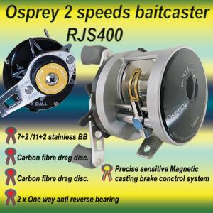 Osprey 2 speeds baitcasting reel. Baitcasting reel with magnetic casting brake. Baitcasting reel with Simple twist gear change knob 