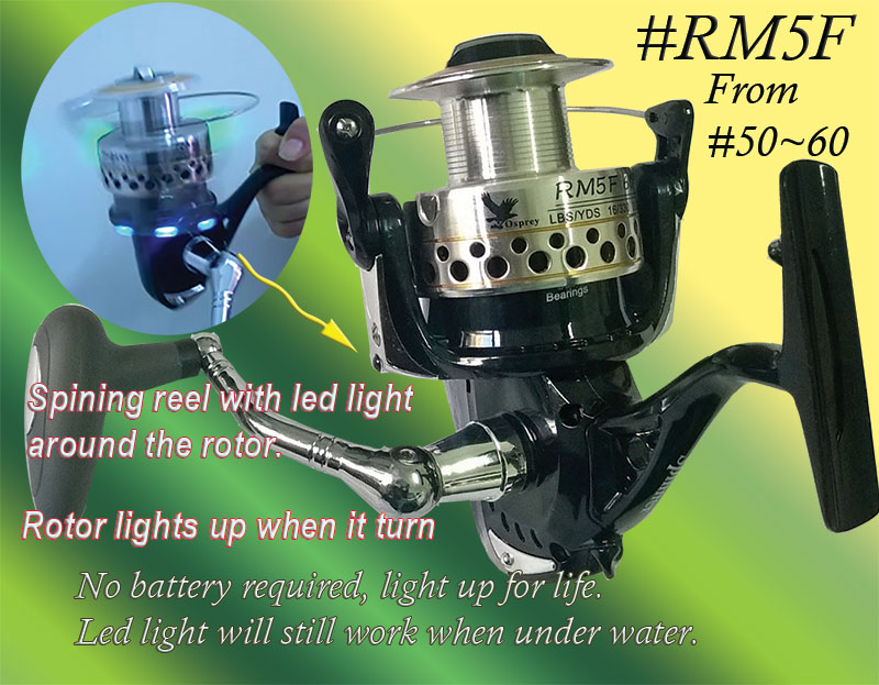 Osprey spinning reels with led light on the rotor. Light up Spinning reels  with led light from #20~#60 - Osprey fishing reel. Fishing reels ranging  from spinning, casting , jigging, trolling and fly casting.